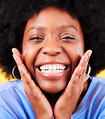 Image showing Smile, excited and portrait of black woman on yellow background for good news, wow and surprise. Emoji, winner and face closeup of happy person in studio for omg announcement, winning and success