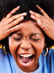 Image showing Angry, shouting and face of a frustrated black woman with stress, fail or crazy in studio. Closeup, screaming and an African person or girl with emotion, depression or mental health on a backdrop