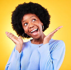 Image showing Surprise, excited and thinking with a woman in studio with good news, mouth open and wow emoji. Face of a black person or winner on a yellow background for announcement, shock and review idea