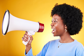 Image showing Happy black woman, profile and megaphone in advertising or marketing against a yellow studio background. African female person, smile or voice with loudspeaker in announcement, alert or discount sale