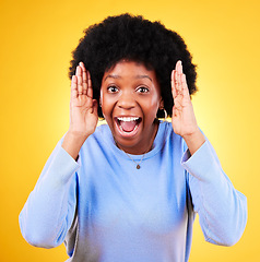 Image showing Excited, surprise and portrait of a woman in studio with good news, mouth open and wow emoji. African person or winner on a yellow background for gossip announcement, shock and facial review