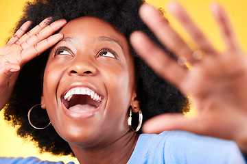 Image showing Face, happy and energy with a black woman closeup in studio on a yellow background for excitement. Wow, smile and surprise with a young afro person in celebration as a winner of a bonus or deal