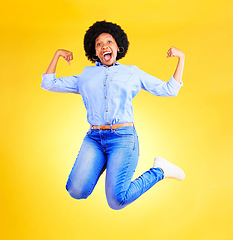 Image showing Excited, jump and portrait of black woman on yellow background for good news, wow and surprise. Emoji, winner and happy African person in studio in air for announcement, winning and omg reaction