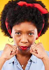 Image showing Strong, fight and boxing with portrait of black woman in studio for power, motivation and energy. Empowerment, pride and champion with person and fist on yellow background for challenge and hard work