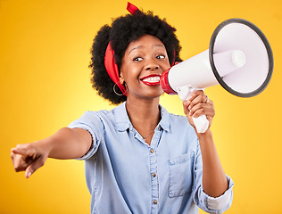 Image showing Woman, megaphone and winner choice in announcement, broadcast and choice or news on yellow background. African person pointing you, attention and communication with sale, bonus or winning in studio