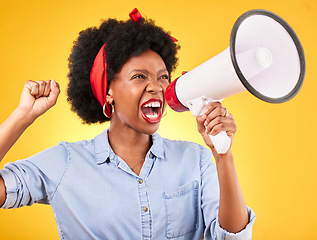 Image showing Woman, megaphone and protest, voice or news and broadcast or announcement, fist and yellow background. Angry African person, student or speaker in power, leadership and attention or justice in studio