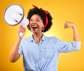 Image showing Smile, megaphone and black woman flex arms, motivation and female empowerment on a yellow studio background. African person, girl and model with bullhorn, change and equality with justice and speech