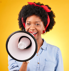 Image showing Woman, megaphone and voice for announcement, broadcast or news and speech on yellow background. Young and happy african person in portrait for call to action, attention and communication in studio