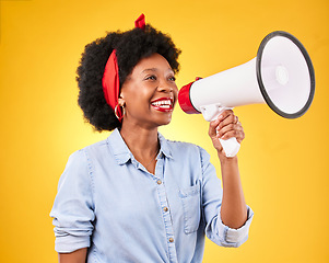 Image showing Woman, megaphone and voice for news, broadcast or announcement and fashion on a yellow background. Young and happy african person with call to action, attention and communication of sale in studio