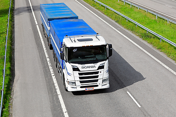 Image showing Scania R650 Truck Pulls Grain Trailer on Road