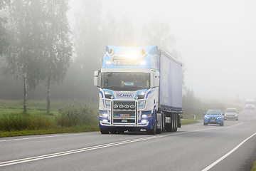 Image showing Scania Truck L Retva Transport on a Foggy Morning