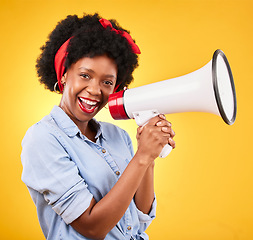 Image showing Portrait, megaphone or happy black woman with announcement or review on studio background. Broadcast, attention or voice of African girl with sale news, speech or speaking on opinion on mic speaker