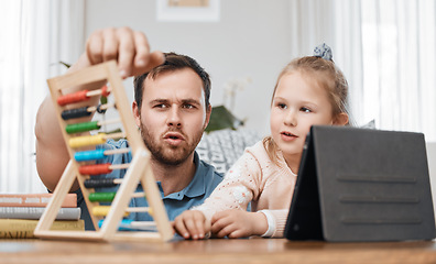 Image showing Tablet, abacus and father with girl for homework for creative learning, education and development. Family, parents and dad and kid for mathematics, counting and numbers lesson with technology at home