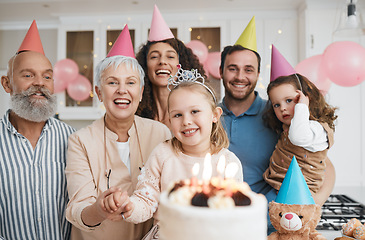 Image showing Birthday party, gift and portrait of big family celebrate with cake in home event and candles in a house together. Mother, father and grandparents excited for surprise gathering with children or kids