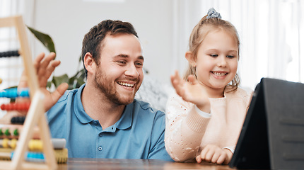 Image showing Dad, tablet or child on video call for education, skills development or knowledge in online class. Wave, father or happy kindergarten girl student learning math by parent on elearning course at home