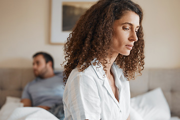 Image showing Upset, bedroom and woman in argument with her husband for divorce, marriage problem or breakup. Sad, depression and female person fighting with her partner for toxic relationship or cheating at home.