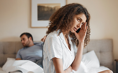 Image showing Sad, bedroom and woman fighting with her husband for divorce, marriage problem or breakup. Upset, depression and female person in argument with her partner for toxic relationship or cheating at home.