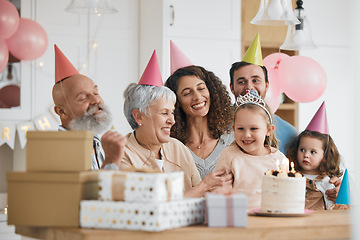 Image showing Happy birthday, gift and big family celebrate with cake in a home party, event and candles in a house together. Mother, father and grandparents excited for surprise gathering with children or kids