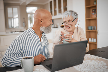 Image showing Laptop, coffee and senior couple in conversation browsing on social media, website or internet. Technology, bond and elderly man and woman in retirement with cappuccino talking with computer at home.