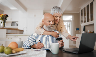 Image showing Home, credit card and senior couple with a laptop, connection or budget planning with retirement, investment or online payment. Love, old man or elderly woman embrace, pc or pension fund with network