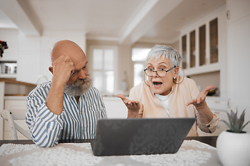 Image showing Laptop, argument and senior couple at their home for paying bills debt or mortgage online. Pension, technology and elderly man and woman in retirement fighting for financial crisis with a computer.