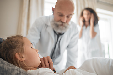 Image showing Sick, stethoscope and doctor with child in bedroom for consulting, breathing and medical checkup. Healthcare, helping and cardiology with people in family home for inspection, wellness and exam