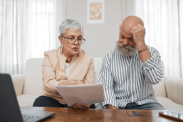 Image showing Budget, documents and senior couple with stress planning financial investments, mortgage or tax papers. Elderly woman speaking of bills, debt and pension fund on bank statement to an old man at home