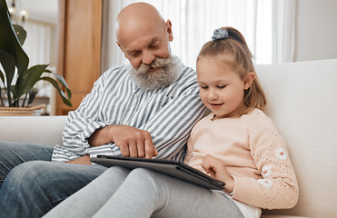 Image showing Grandfather, tablet or child elearning for education, skills development or knowledge in online class. Tech, grandfather or young girl student learning course on website or social media at home