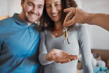 Image showing Hand, love or happy couple with house keys in real estate, property investment or buying apartment. New home blur, realtor giving or excited man with smile or woman to celebrate moving in together
