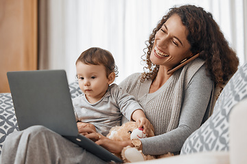 Image showing Laptop, baby or mom on a phone call to relax in home sofa in conversation or communication. Smile, multitasking or happy single parent laughing, talking or speaking on mobile with a child or kid