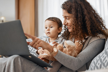 Image showing Mother, laptop or child online for education, skills development or knowledge on house sofa. Pointing, talking or baby learning on social media or elearning course at home with mom or single parent