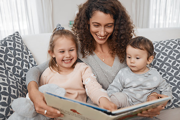 Image showing Love, happy kids or mother reading a book for learning, education or storytelling on sofa at home. Family, relax or mom with children siblings for fun fantasy stories on holiday vacation together