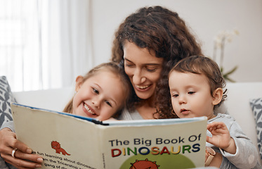 Image showing Relax, happy kids or mother reading a book for learning, education or storytelling on sofa at home. Family, love or parent with children siblings for a fantasy story to holiday vacation together