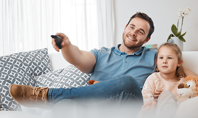 Image showing Kids, home or father watching tv to relax or bond as a happy family in living room in Canada with love. Television, sofa or dad with a remote or girl child enjoying film or movies on holiday vacation