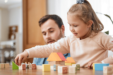 Image showing Building blocks, toys and girl playing with dad in living room for education, development and learning through creative games. Montessori, child and father bonding with kid in family home lounge