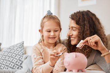 Image showing Mother, child learning or piggy bank with savings, profit or money for education in home living room. Euros, smile or happy mom teaching kid with cash box, financial investment or budget growth