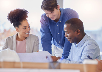 Image showing Business people, meeting and blueprint in planning, strategy or ideas together at office. Happy group of architect or engineer in project plan, collaboration or brainstorming in teamwork at workplace