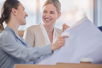 Image showing Happy business woman, blueprint and planning in team strategy, design or meeting at office. Female person, architect or engineer smile in project plan, paperwork or brainstorming idea at workplace