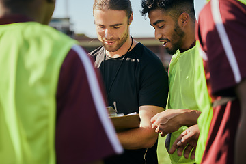 Image showing Sports strategy, talking and men in rugby for teamwork, fitness planning or training schedule. Together, field and group of healthy athlete people with a coach for conversation on game or mission