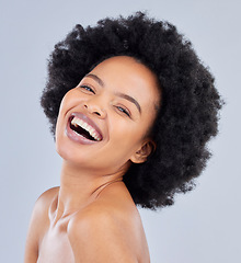 Image showing Laughing, natural and portrait of happy woman with beauty skincare isolated in a studio gray background with aesthetic. Skin, African and confident young person with healthy dermatology cosmetic care