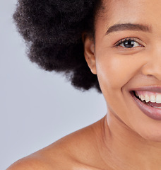 Image showing Beauty, skincare and half portrait of black woman in studio for cosmetics, space and spa treatment. Health, salon and dermatology with face of person on gray background for wellness and mockup