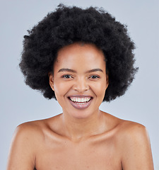Image showing Skincare, natural and portrait of black woman with beauty smile isolated in a studio gray background and happy. Skin, African and confident young person with healthy dermatology cosmetic care