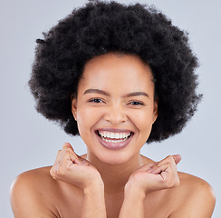 Image showing Smile, natural and portrait of happy woman with beauty skincare isolated in a studio gray background with glow. Skin, African and confident young person with healthy dermatology cosmetic care