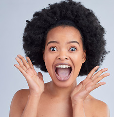 Image showing Surprise, skincare and portrait of woman in a studio for cosmetic, glamour and face routine. Shock, happy and African female model with hair treatment for afro and makeup isolated by white background