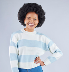 Image showing Fashion, gen z and smile with portrait of black woman in studio for education, casual and trendy style. Happy, pride and confidence with person on white background for college, future and student