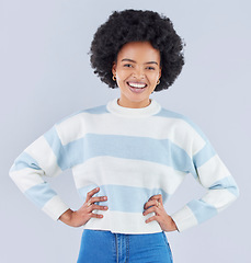 Image showing Fashion, student and smile with portrait of black woman in studio for education, casual and trendy style. Happy, pride and confidence with person on white background for college, future and gen z