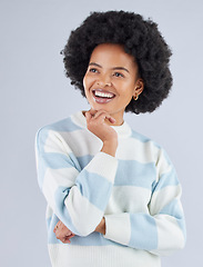 Image showing Happy black woman thinking of ideas in studio, planning insight or brainstorming future goal on white background. Model, smile and daydream of decision, remember memory or fantasy of solution in mind