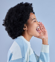 Image showing Profile, announcement and black woman shouting to call in studio isolated on a blue background. Face, smile and person screaming for information, speaking and loud voice for communication of news.