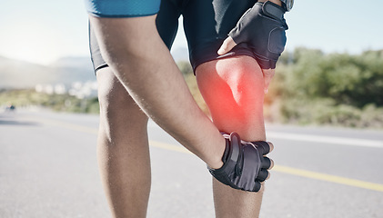 Image showing Man, closeup and cyclist with knee pain, road and emergency with accident, red highlight and fitness. Person, biker and athlete with broken leg, inflammation and bruise with injury and training