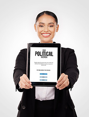 Image showing Human rights, lawyer and portrait of woman with paper with politics, agenda and information on our vision for society or government. Political, ambassador and person with event schedule on tablet